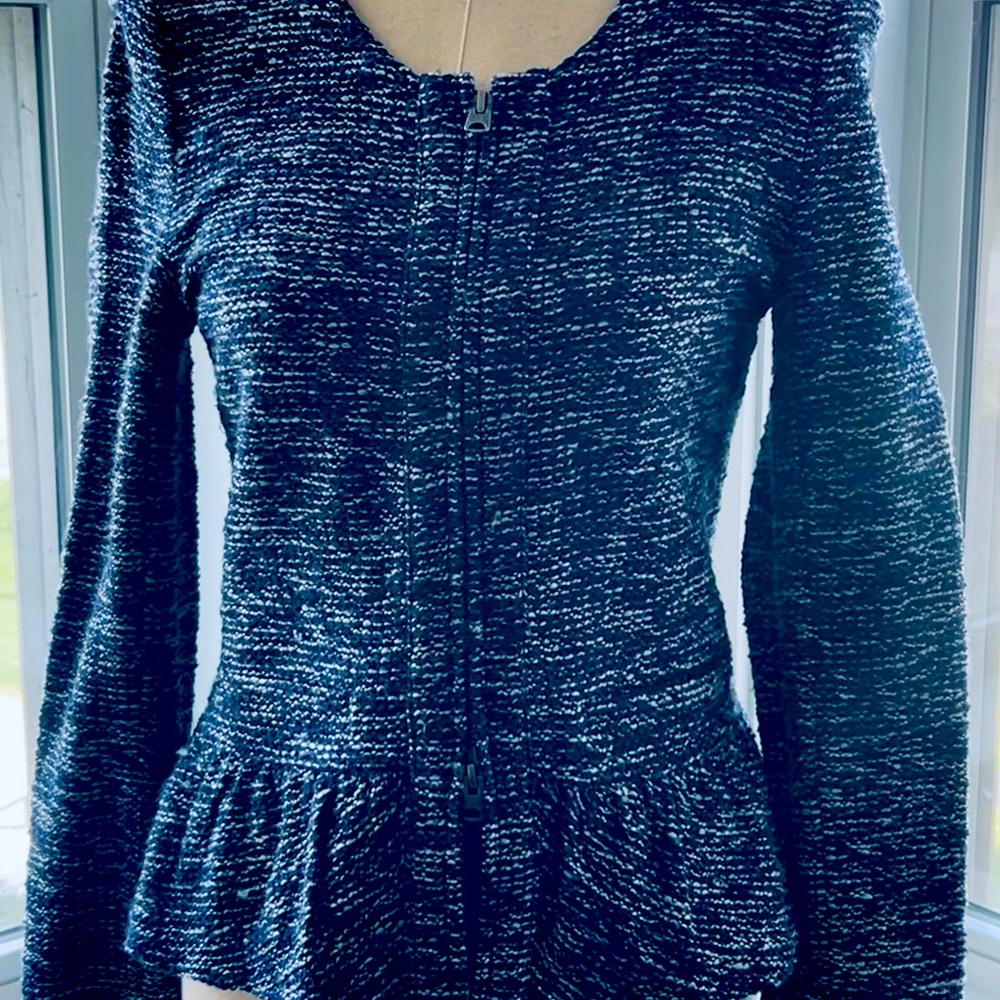 J Crew blue and white zip front sweater jacket. Size small!! Great look!!